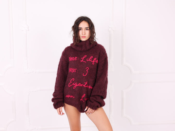 Burgundy personalized alpaca turtleneck bodysuit front full view