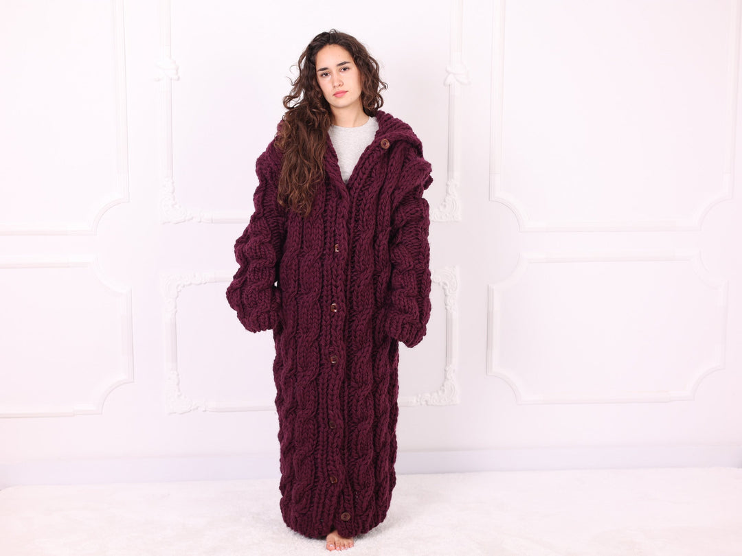 Burgundy 5-strand wool maxi cardigan front pose