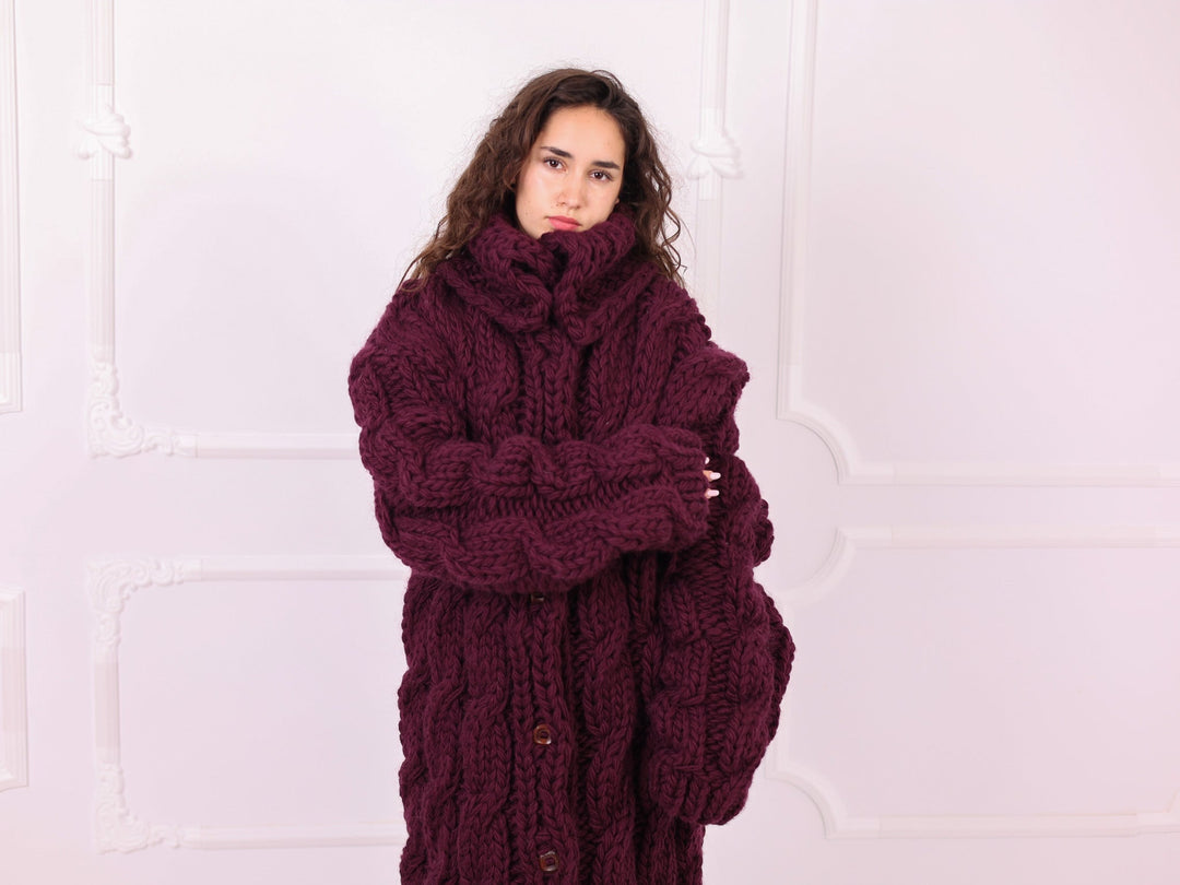 Burgundy cable knit cardigan oversized collar detail