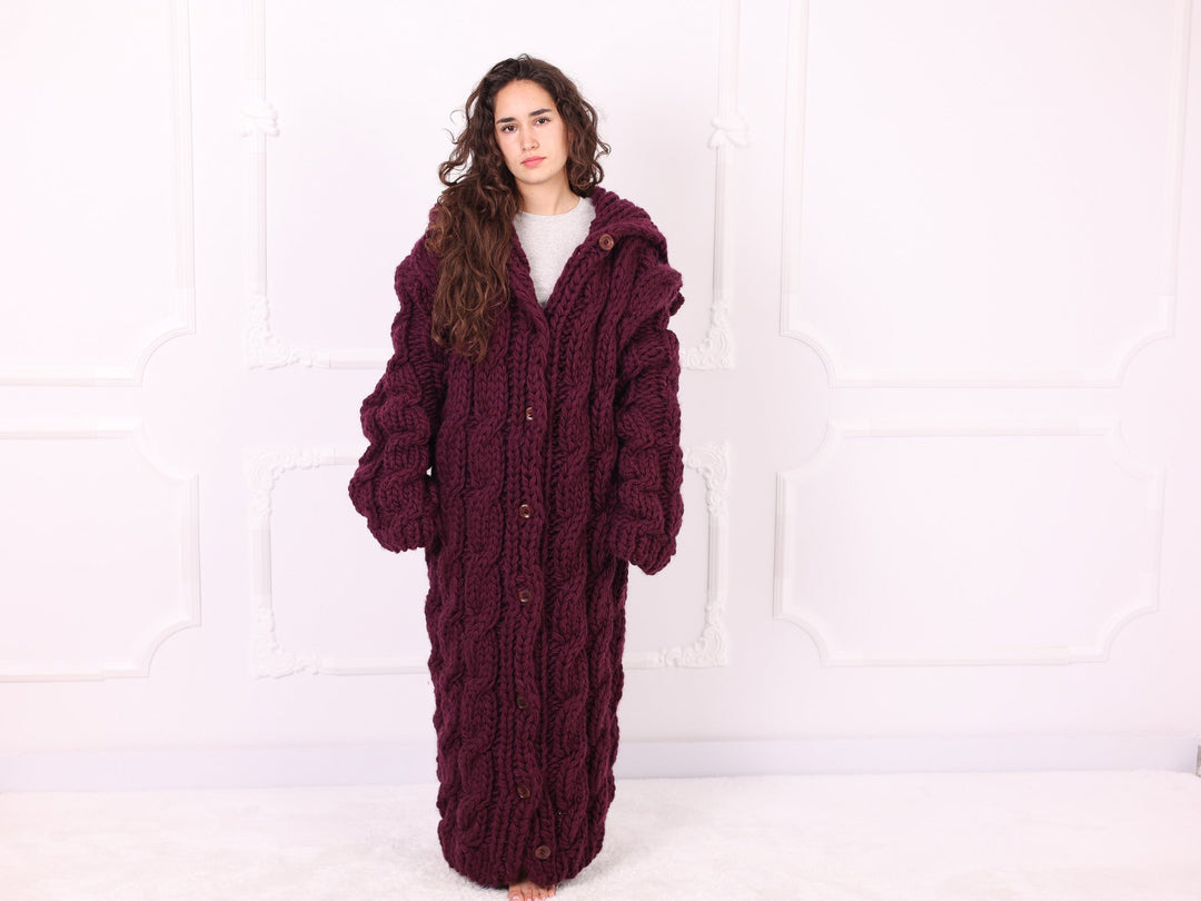 Burgundy chunky cable knit maxi cardigan full front view