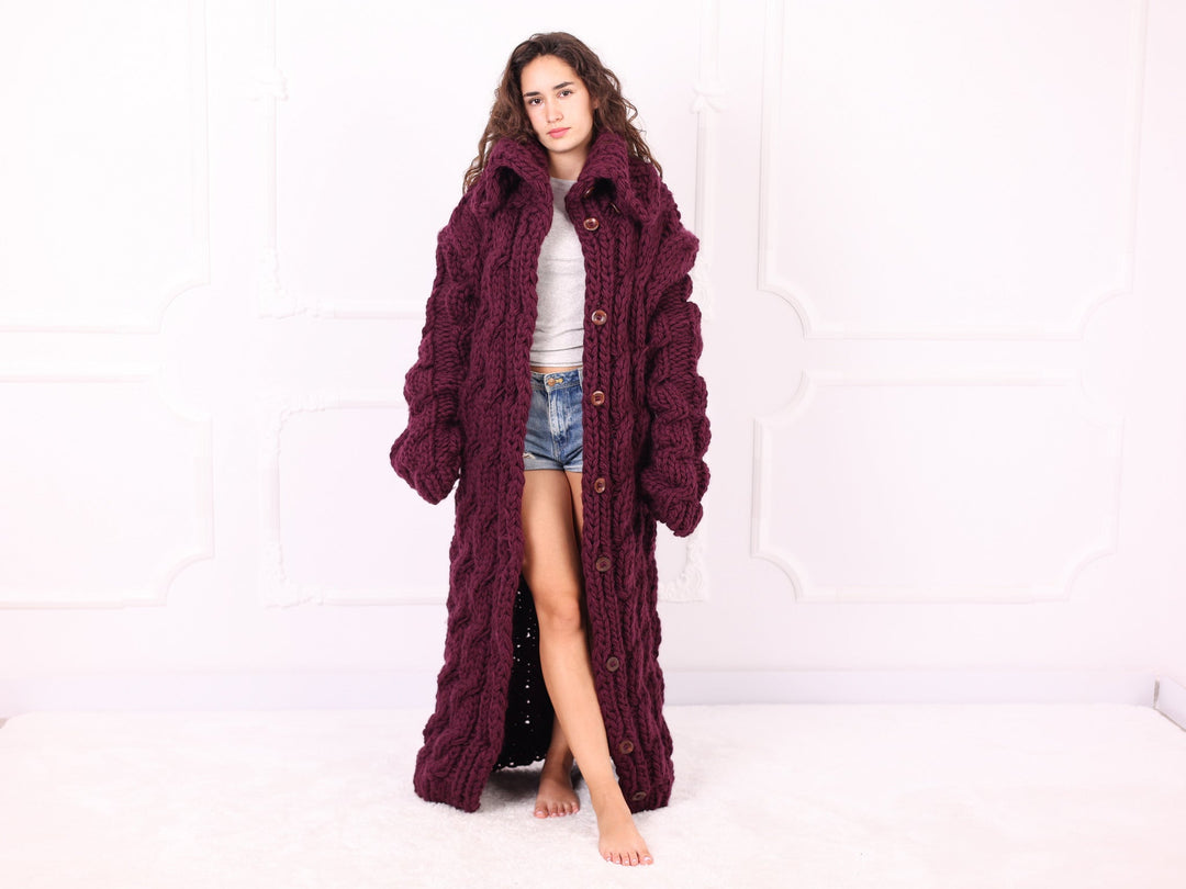 Burgundy long wool cardigan open front full view