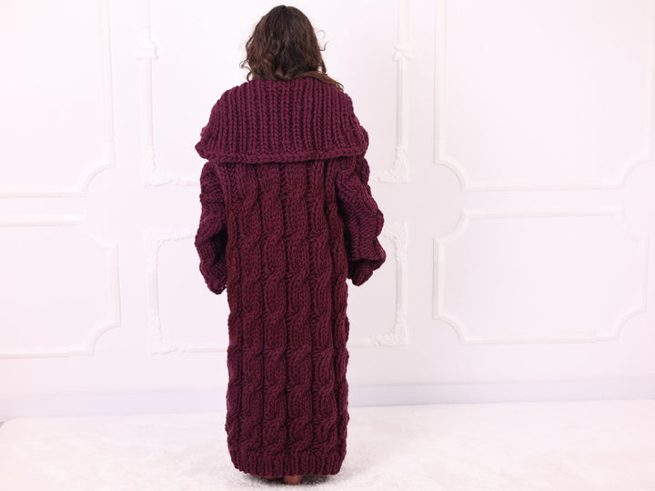 Burgundy maxi wool cardigan full back view