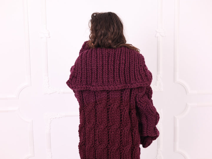 Burgundy oversized collar cable knit cardigan back detail