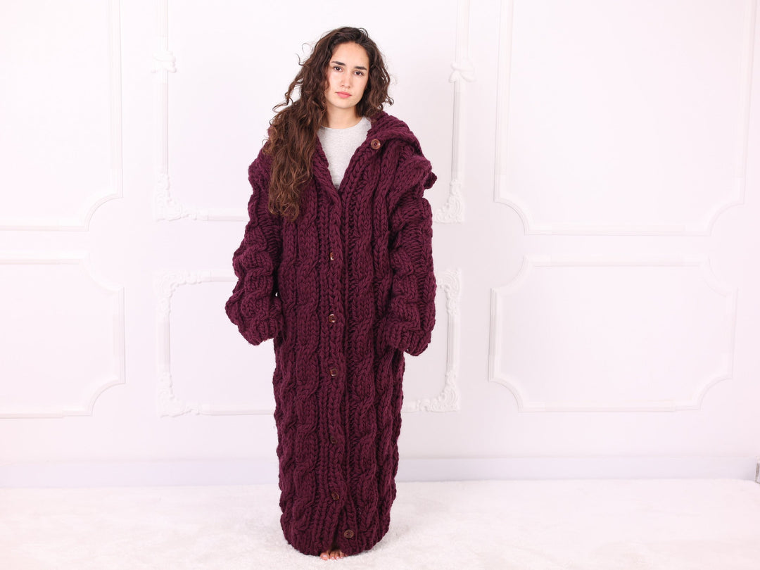 Burgundy oversized wool maxi cardigan front view