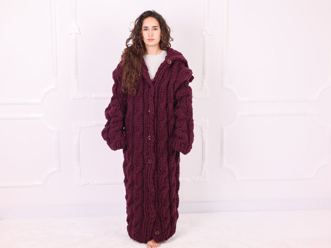 Burgundy chunky wool cable knit maxi cardigan front full view