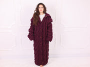 Burgundy 5-Strand Wool Cable Knit Maxi Cardigan T2372