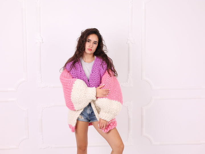 Pink lilac ivory merino roving chunky cardigan front view