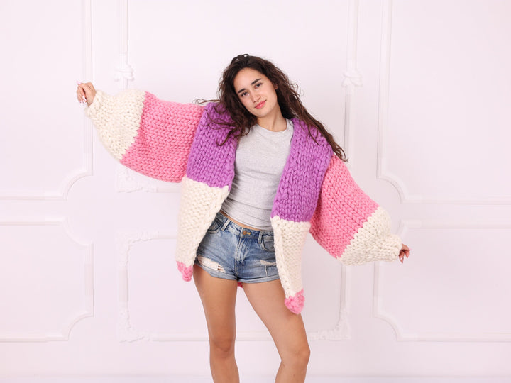 Pink lilac ivory merino roving cardigan open front full view