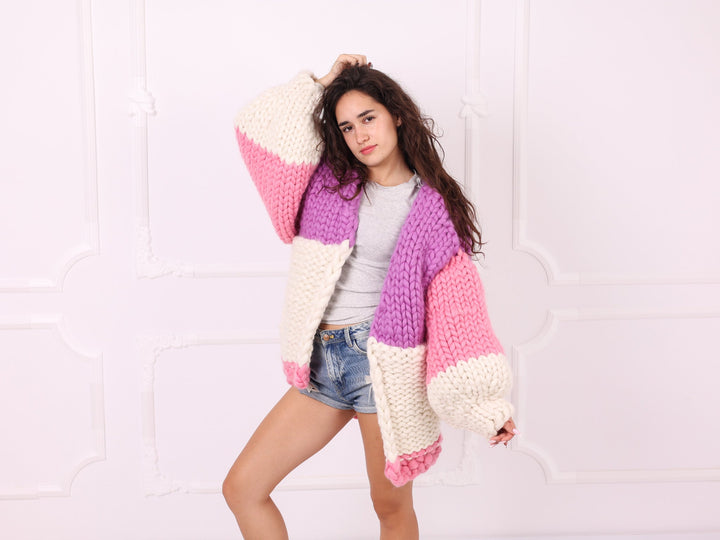 Pink lilac ivory oversized merino roving cardigan front view