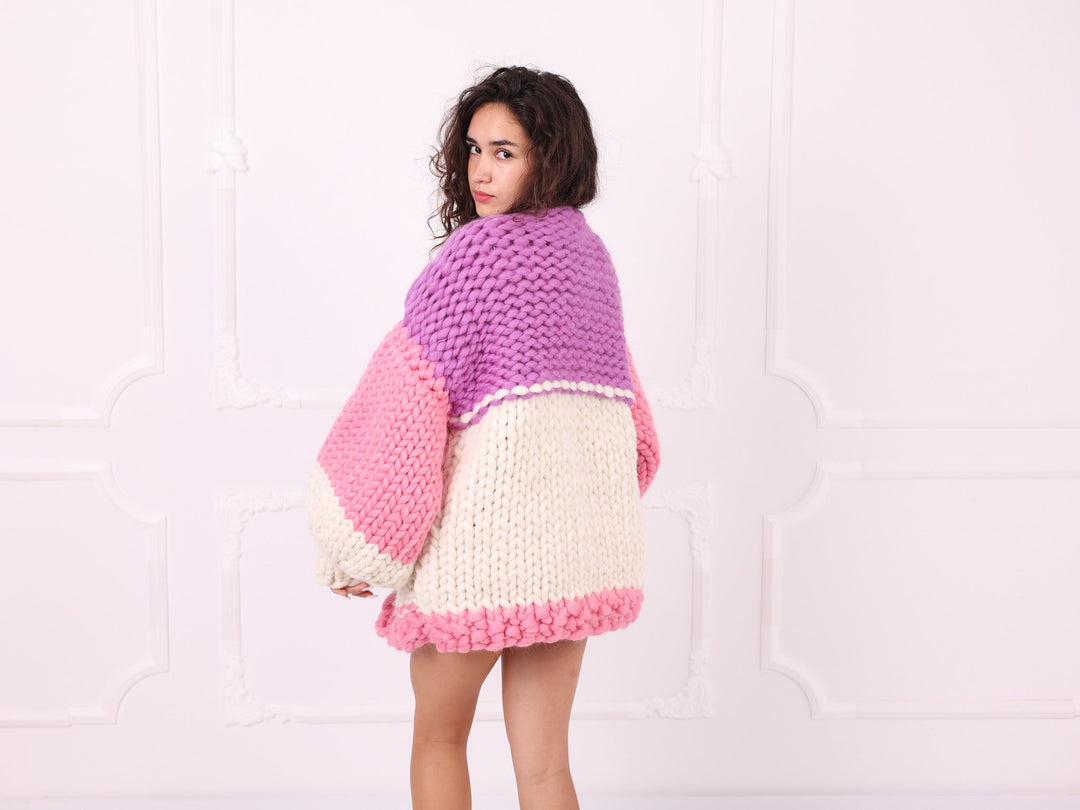 Pink lilac ivory chunky merino cardigan shoulder knit detail