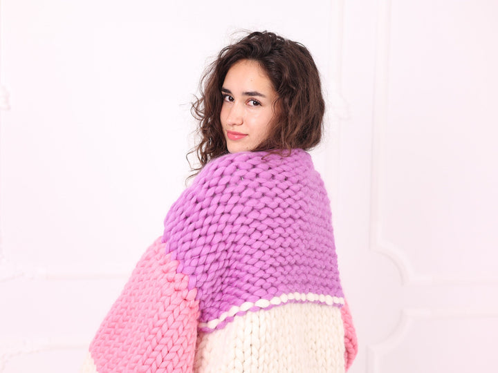 Pink lilac ivory chunky merino roving cardigan knit texture detail