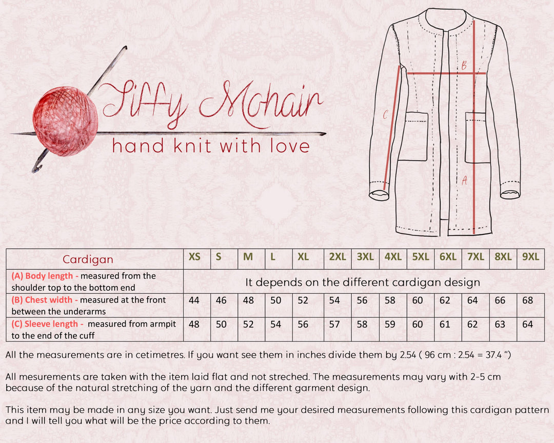 Tiffy Mohair cardigan size chart and measurement guide