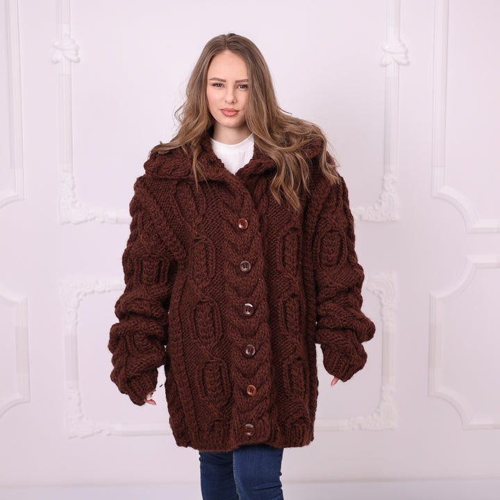 Brown 3-strand soft wool cable knit button cardigan T2388 front view