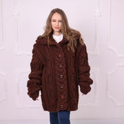 Brown 3-Strand Soft Wool Cable Knit Button Cardigan T2388