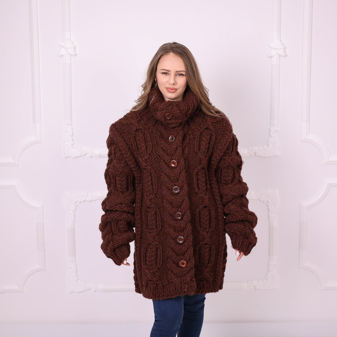 Brown chunky wool cable knit cardigan T2388 full front view
