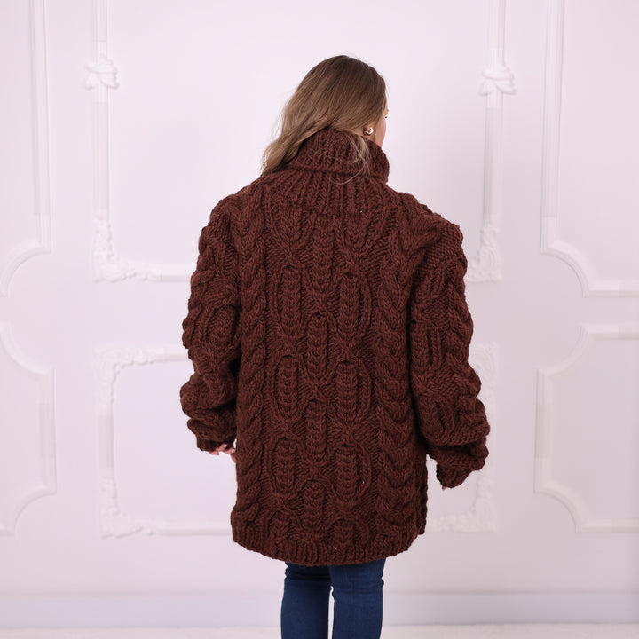 Brown chunky wool cable cardigan T2388 back view