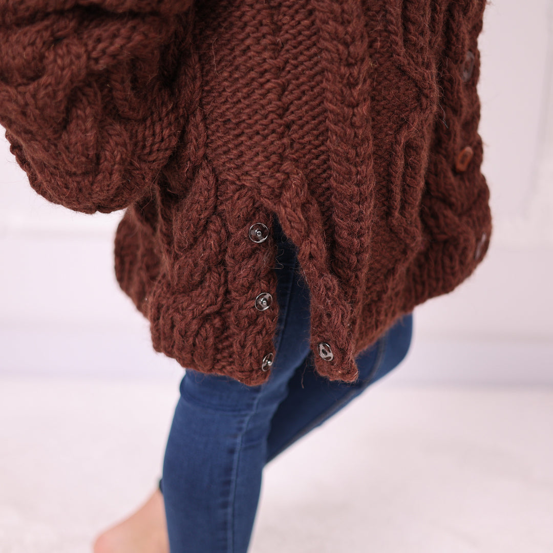 Brown wool cable cardigan T2388 side button detail