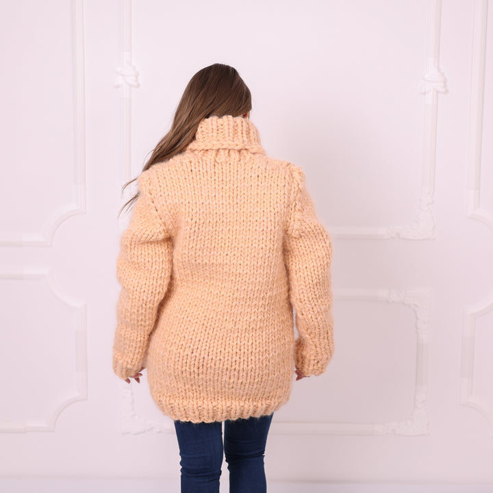 Soft peach chunky mohair wool oversized turtleneck sweater T2396 back view