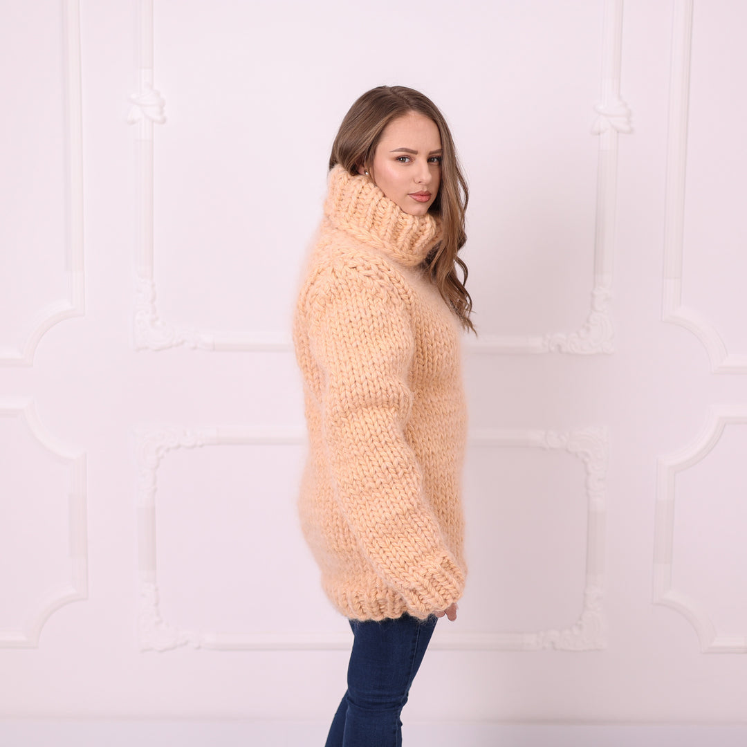 Soft peach 8-strand mohair wool oversized turtleneck sweater T2396 side view