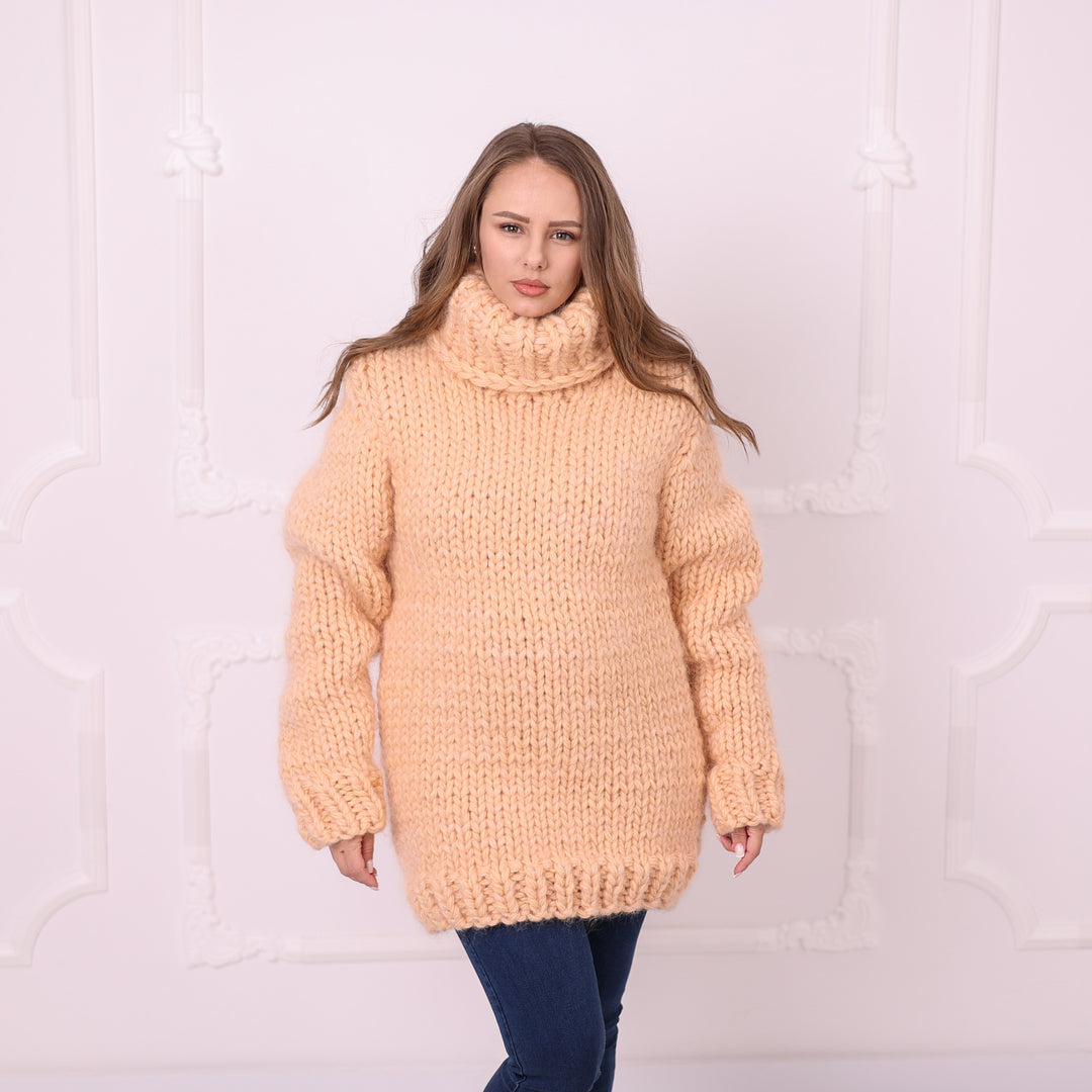 Soft peach 8-strand mohair wool chunky oversized turtleneck sweater T2396 front view