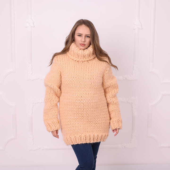 Soft peach 8-strand mohair wool chunky oversized turtleneck sweater T2396 front view