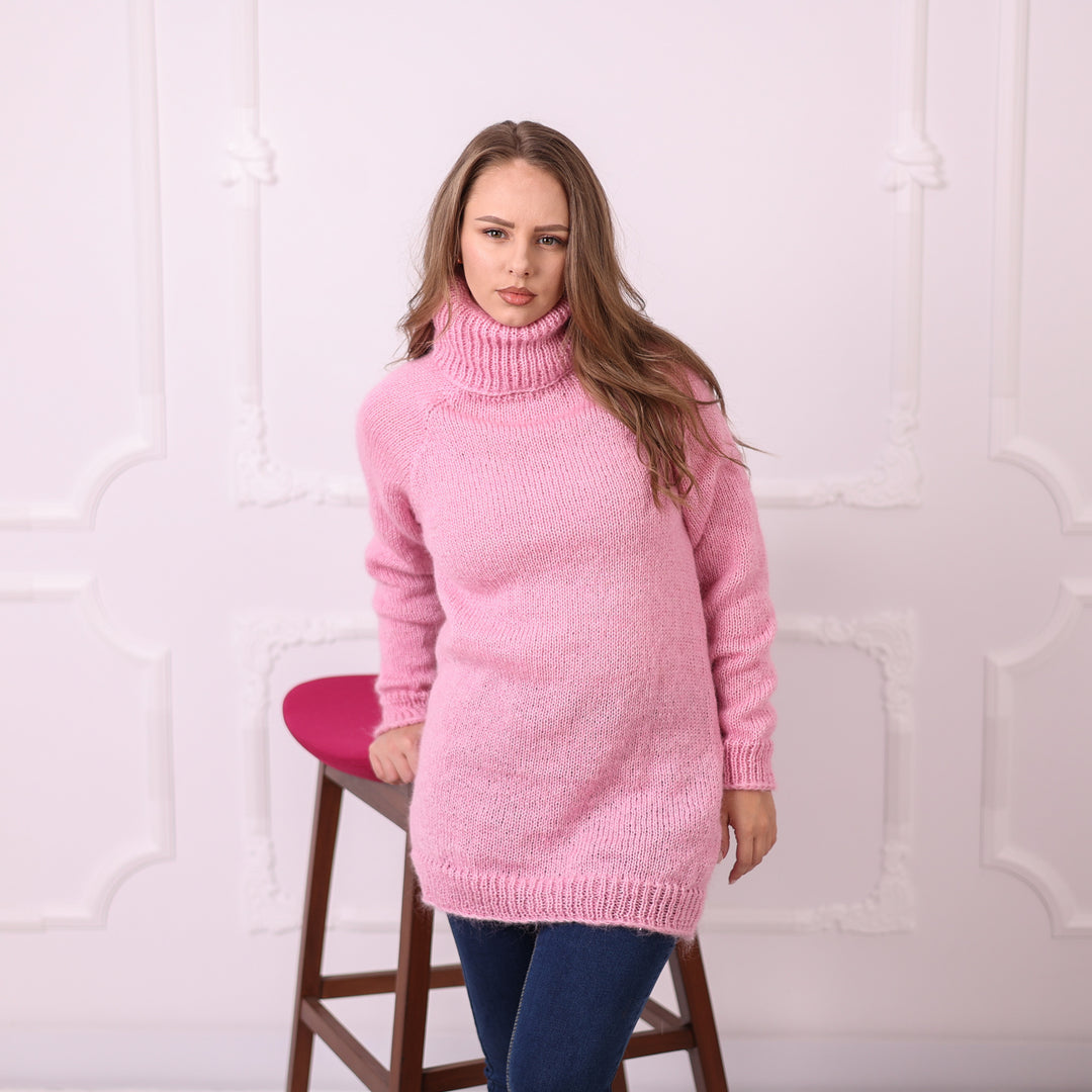Pink lightweight mohair turtleneck sweater T2397 full front view