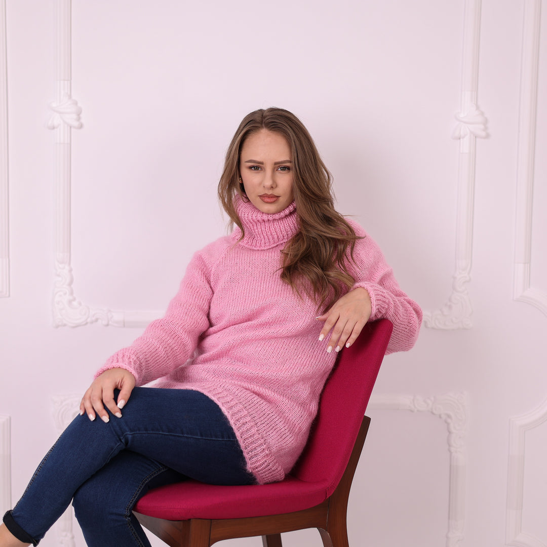 Pink 1-strand mohair turtleneck sweater T2397 lifestyle seated pose