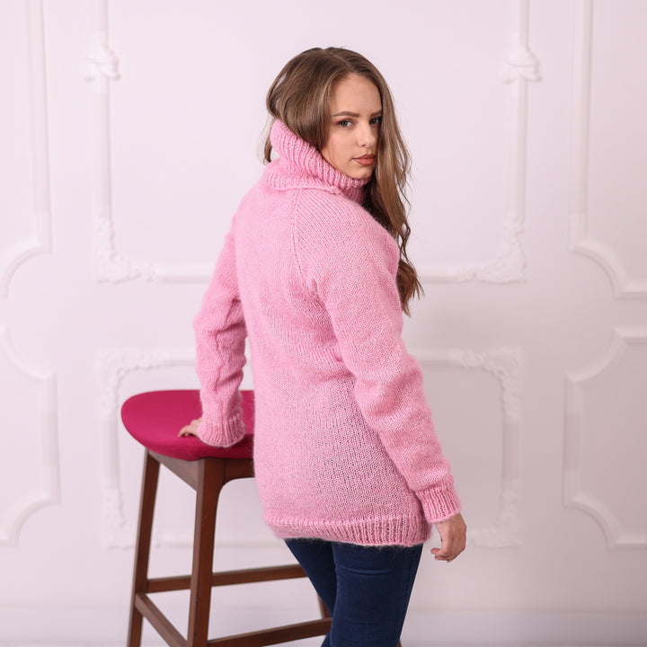 Pink hand knitted mohair turtleneck sweater T2397 side view