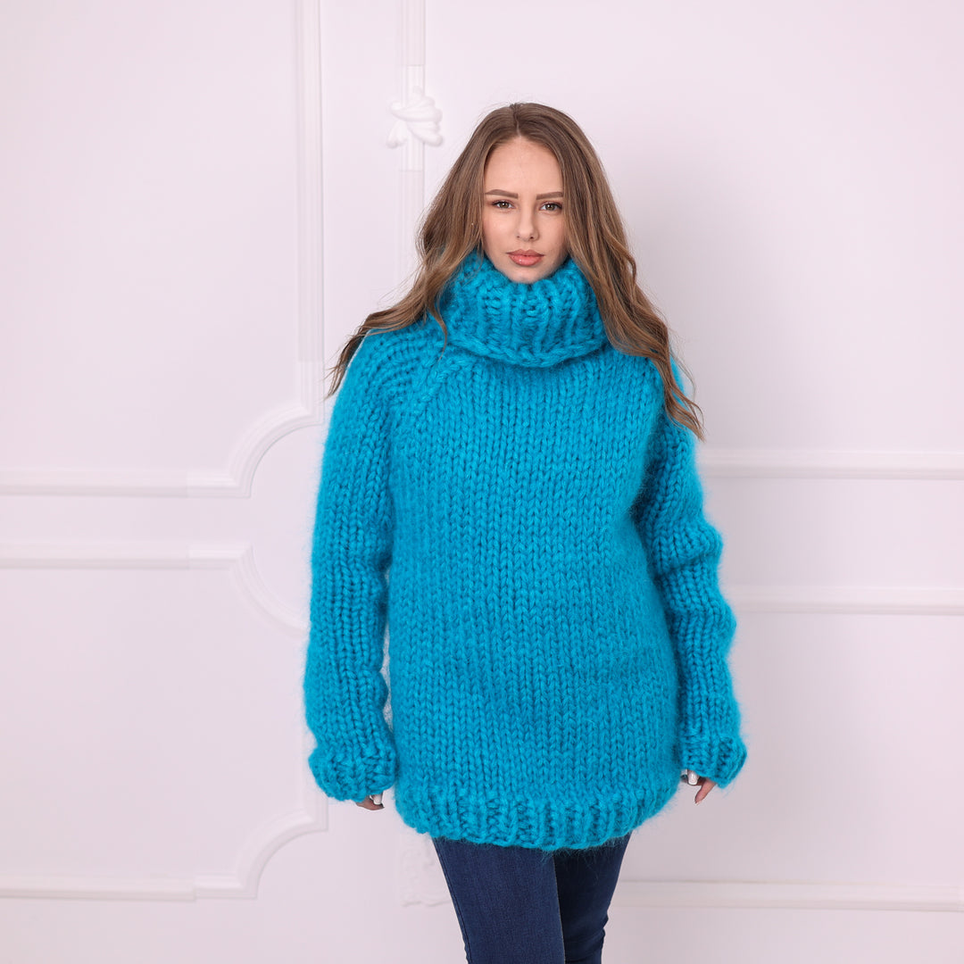 Blue chunky mohair turtleneck sweater hand knit front view T2398
