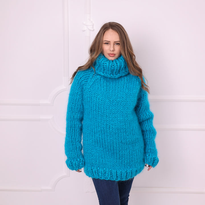 Blue chunky mohair turtleneck sweater hand knit front view T2398