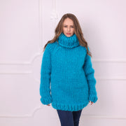 Blue 10-Strand Mohair Chunky Raglan Turtleneck Sweater T2398