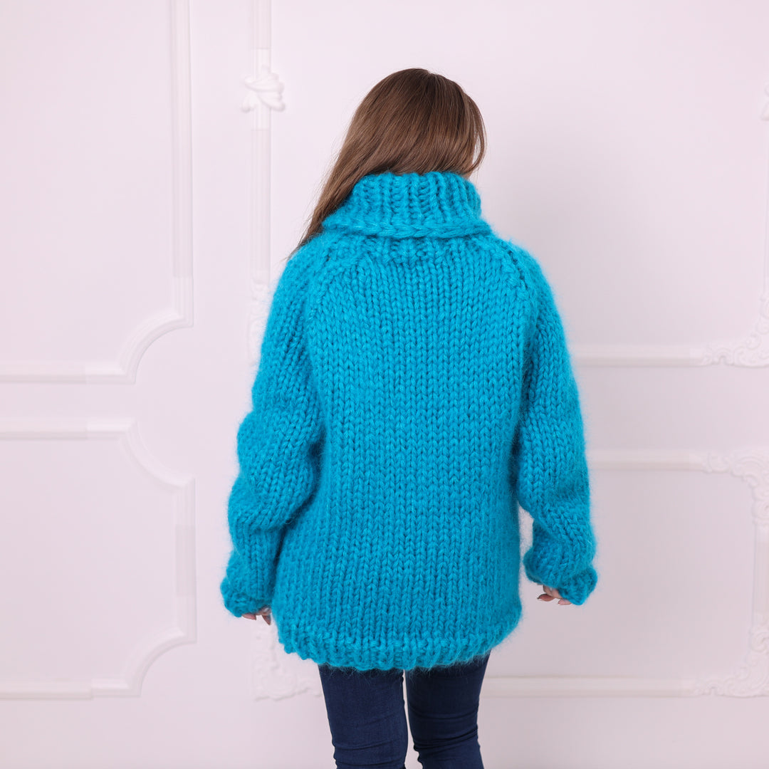 Blue chunky mohair turtleneck sweater back view with raglan construction T2398