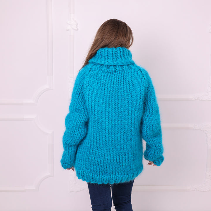 Blue chunky mohair turtleneck sweater back view with raglan construction T2398