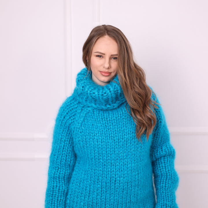 Blue chunky mohair turtleneck sweater close view showing thick hand knit texture T2398