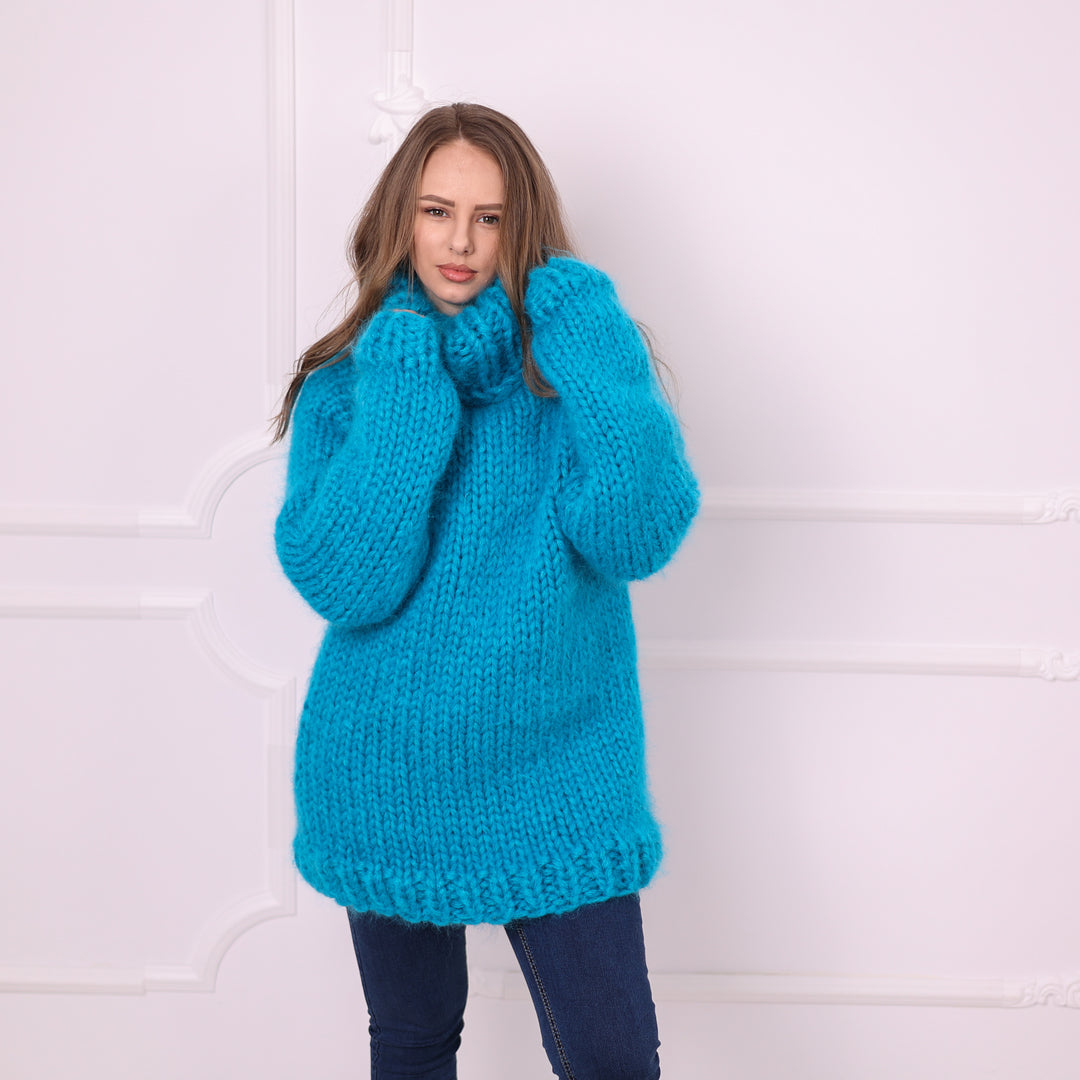 Oversized blue mohair turtleneck jumper hand knitted in chunky yarn T2398
