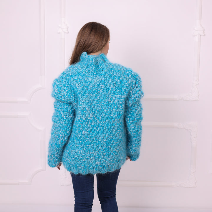 Blue melange 8-strand mohair cable rice stitch turtleneck sweater back view T2399