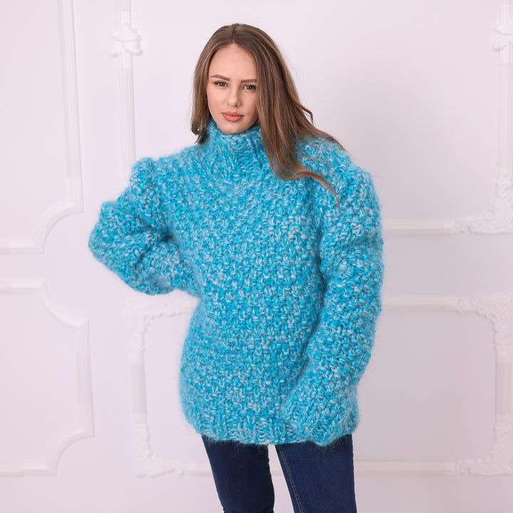 Blue melange oversized 8-strand mohair turtleneck sweater hand knit front pose T2399