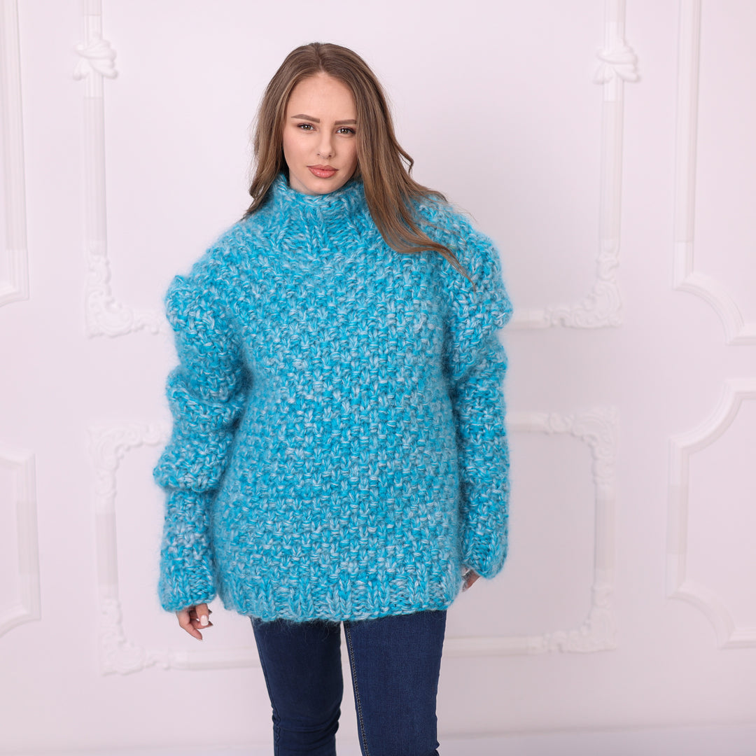 Blue melange chunky mohair cable rice stitch turtleneck sweater front view T2399