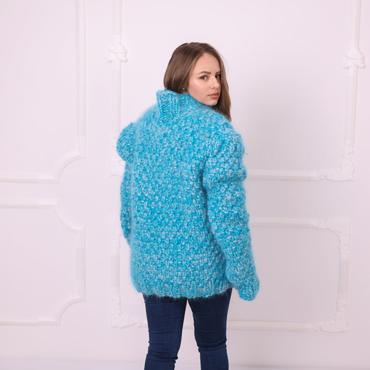 Blue melange oversized mohair sweater back angle with chunky texture T2400