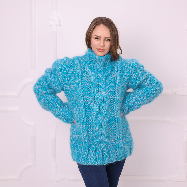 Blue melange mohair cable knit mock-neck sweater close front view T2400
