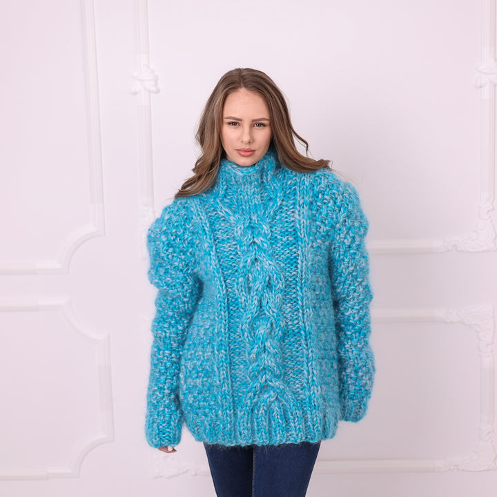 Blue melange 8-strand mohair cable knit mock-neck sweater front view T2400