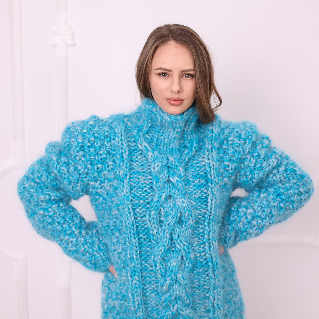 Blue melange oversized mohair cable knit sweater mid front view T2400