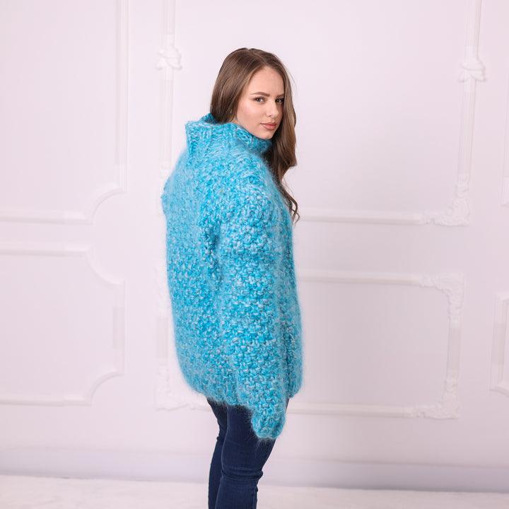 Blue melange 8-strand mohair cable sweater side view with mock neck T2400