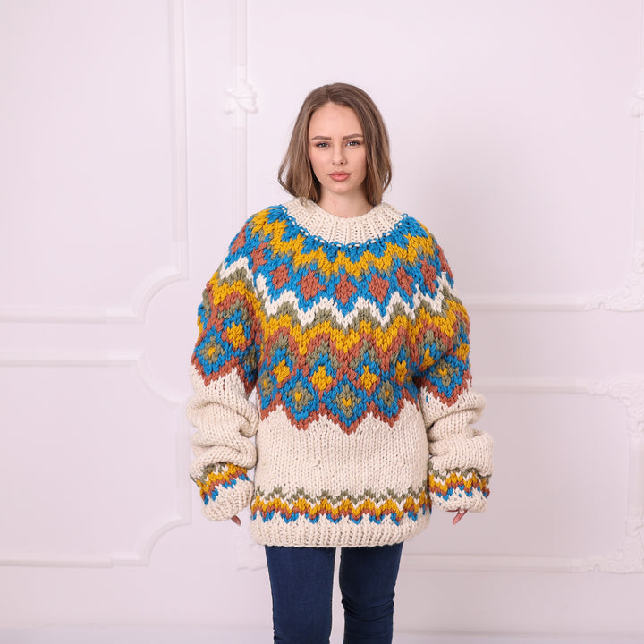 Multicolor 5-strand raw wool Nordic sweater front view T2401