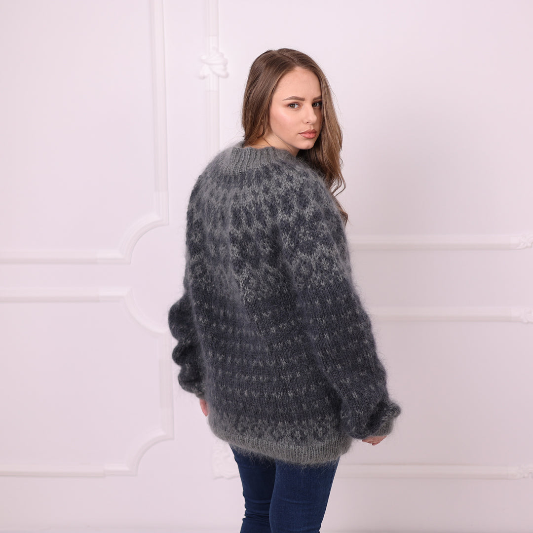 Charcoal grey mohair Nordic sweater back view T2403