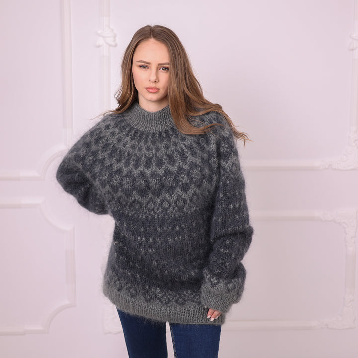 Charcoal grey mohair Nordic sweater relaxed front angle T2403