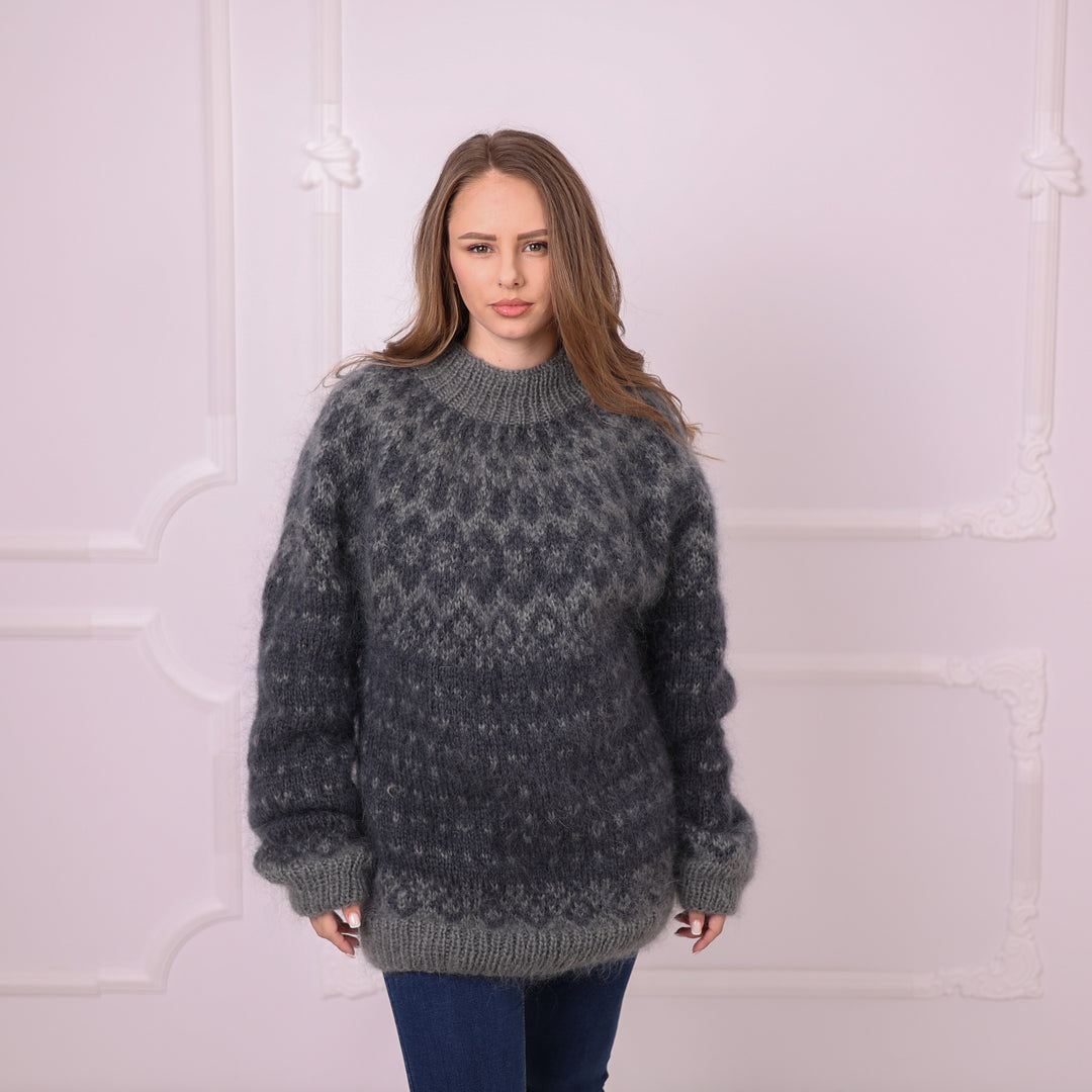 Charcoal grey 2-strand mohair Nordic sweater front view T2403