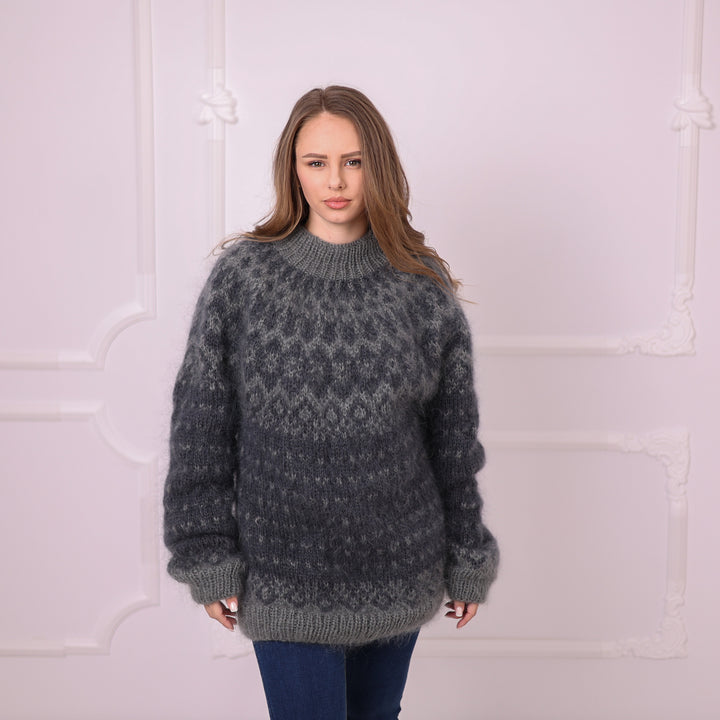 Charcoal grey 2-strand mohair Nordic sweater front view T2403