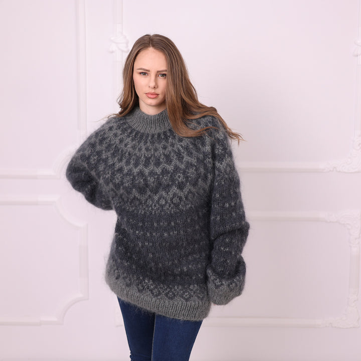 Charcoal grey 2-strand mohair Nordic sweater full front view T2403
