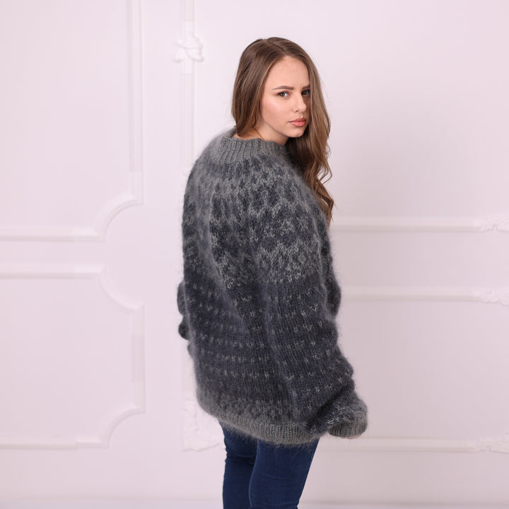 Charcoal grey oversized mohair Nordic sweater side view T2403